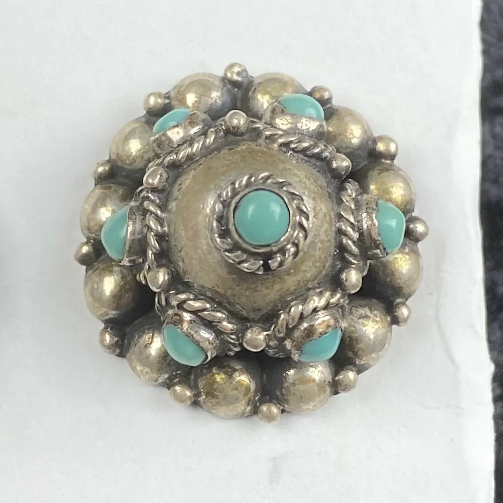 Vintage Native Sterling Silver Turquoise Petit Point‎ Round Dome Post Earrings